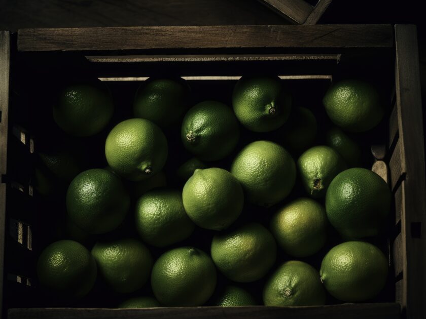 A box of limes with a presentation from a top perspective - AI generated